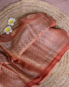 Banaras Raw Mango Saree - Terracotta Peach - Image 4
